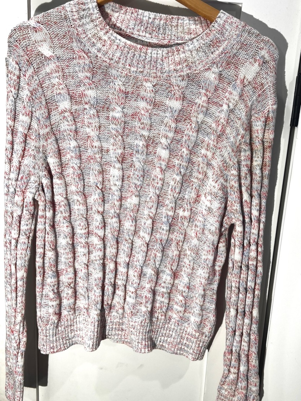 J. Crew Marled Cable Crewneck Sweater in White & Pink